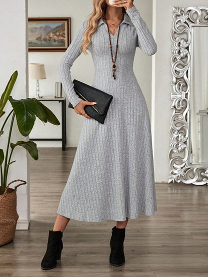 Ribbed Johnny Collar Long Sleeve Dress