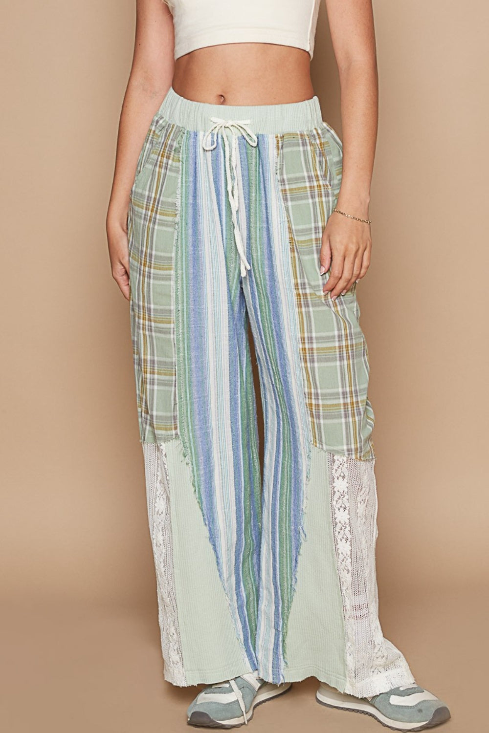 Drawstring Plaid Print Lace Straight Pants