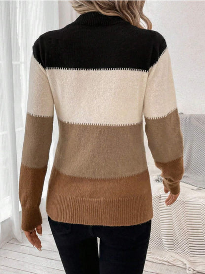 Color Block Mock Neck Long Sleeve Sweater