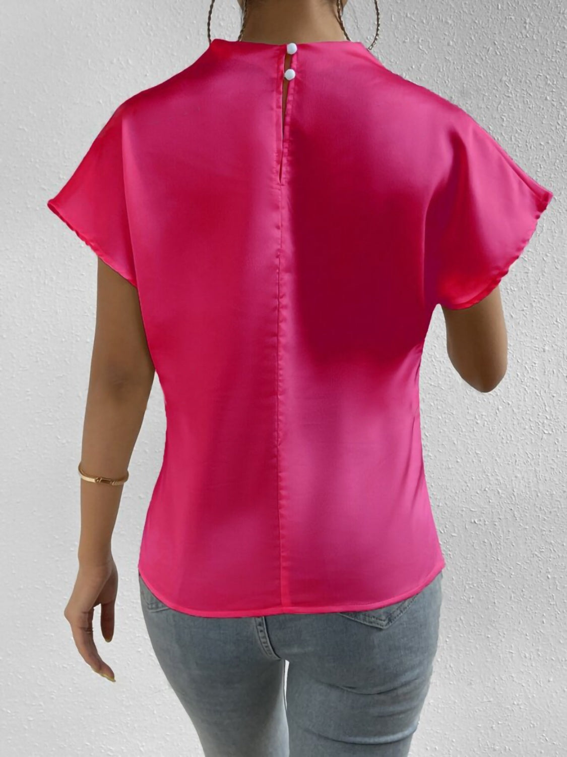 Ruched Mock Neck Short Sleeve Blouse