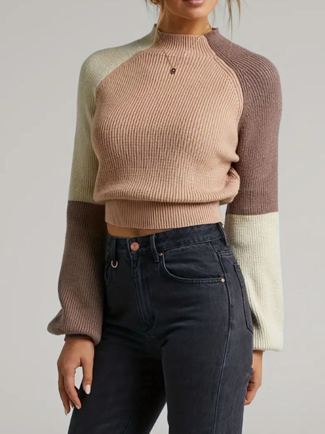 Contrast Mock Neck Long Sleeve Sweater