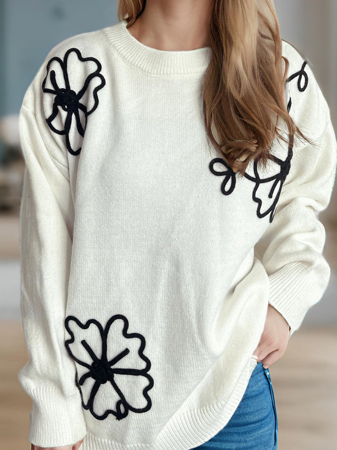 Flower Round Neck Long Sleeve Sweater