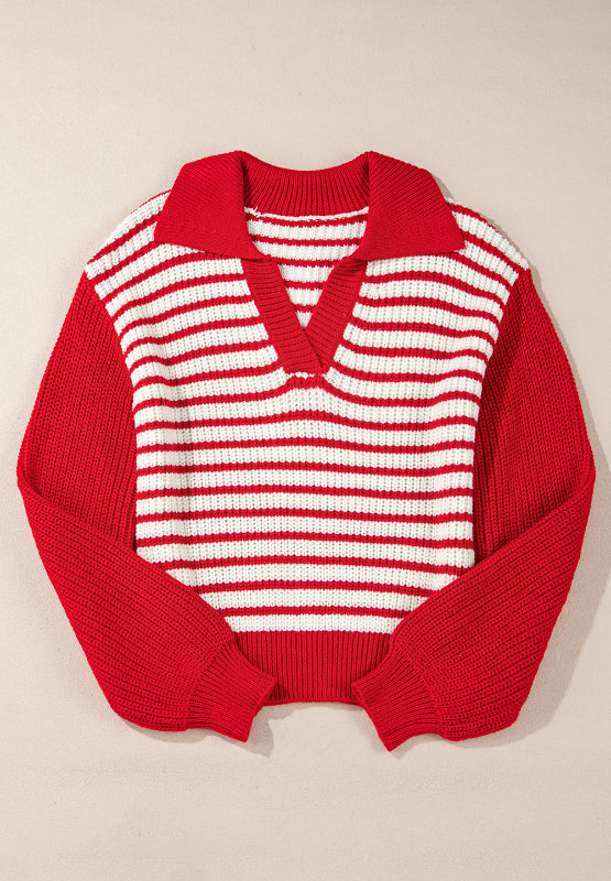 Striped Johnny Collar Long Sleeve Sweater