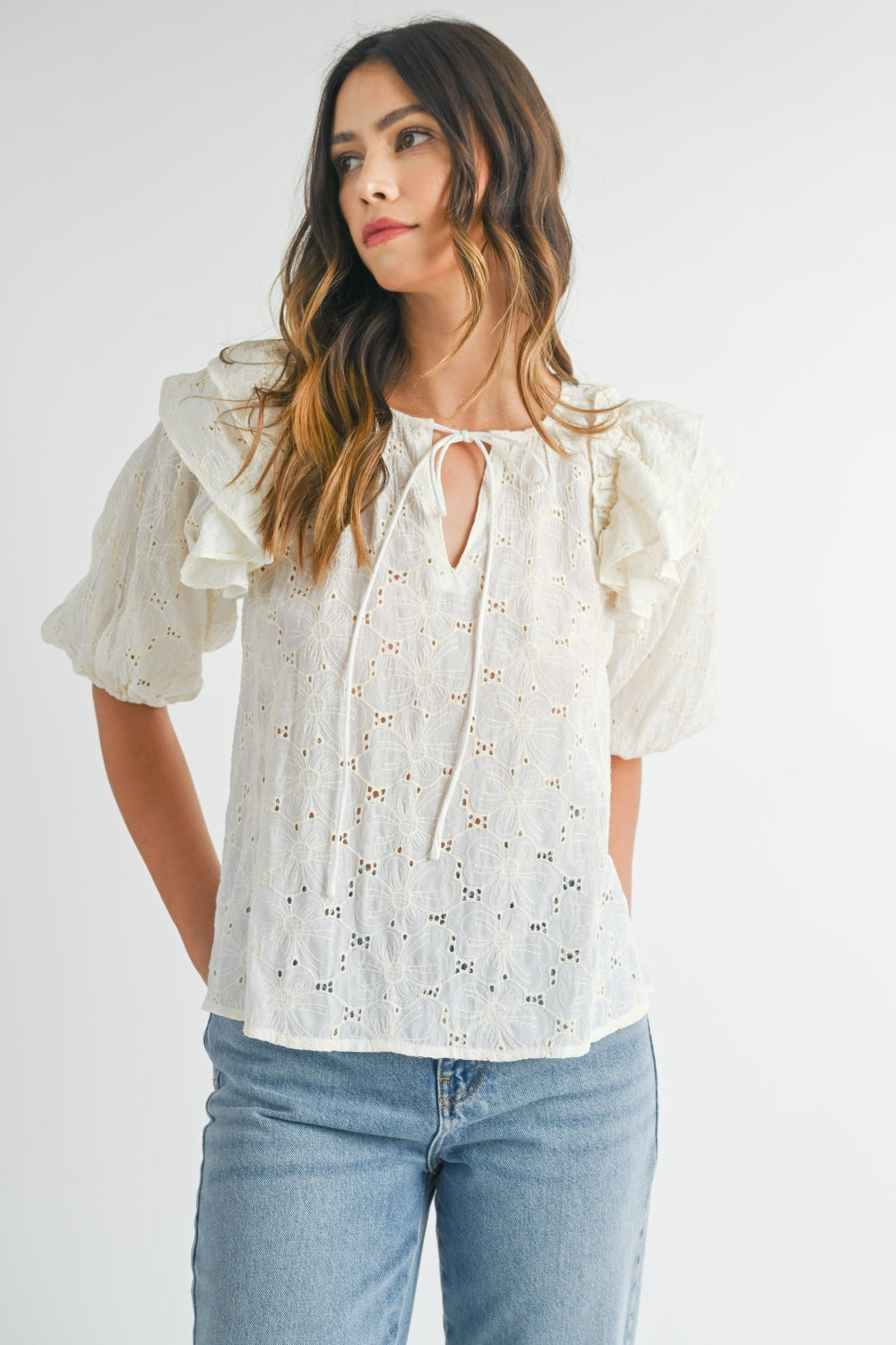 Lace Ruffle Shoulder Puff Sleeve Blouse