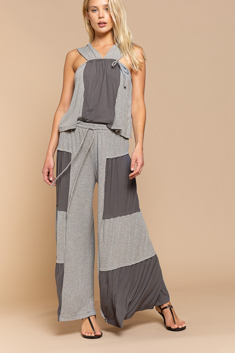 Ribbed Contrast Wide Leg Pants