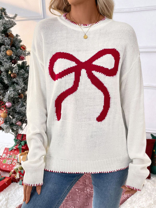 P Bow Round Neck Long Sleeve Sweater