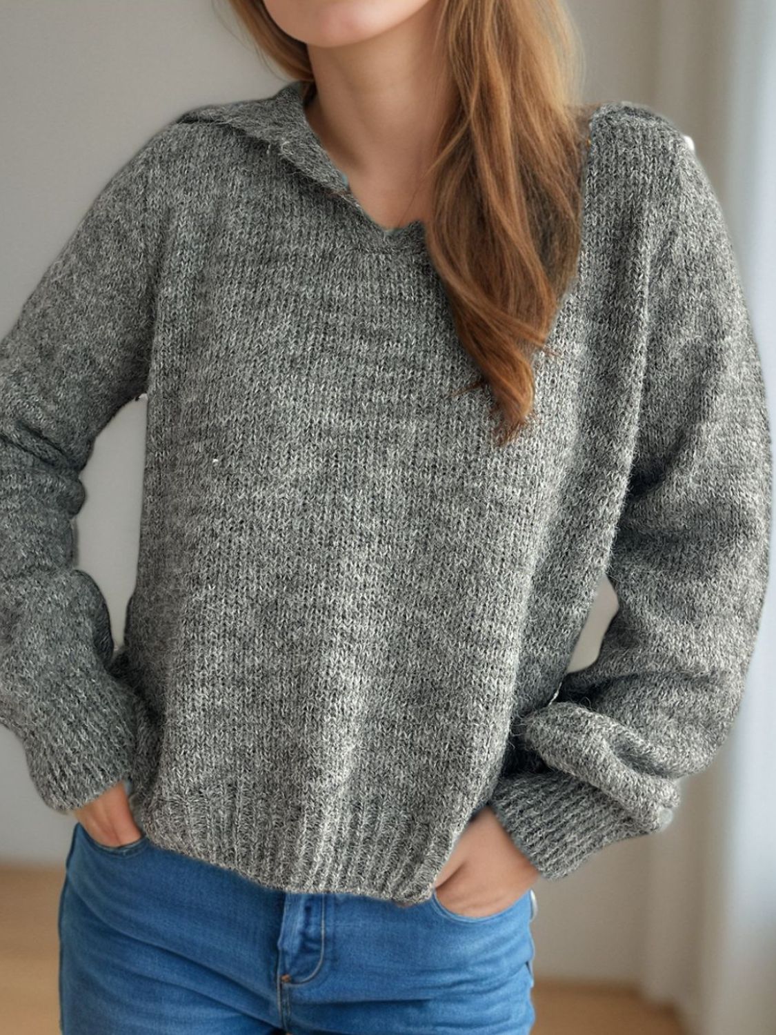 Collared Neck Long Sleeve Sweater