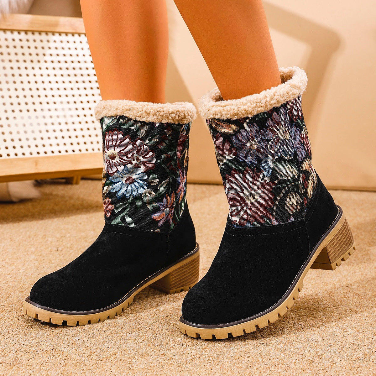 Embroidered Faux Fur Block Heel Boots