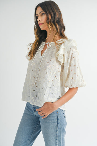 Lace Ruffle Shoulder Puff Sleeve Blouse