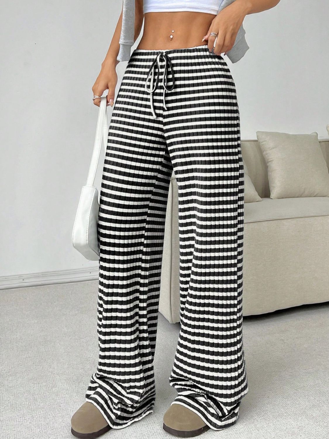 Tied Striped Wide Leg Pants