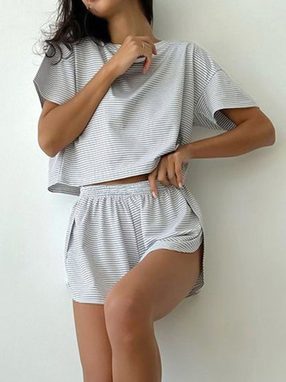 Striped Round Neck Top and Shorts Set