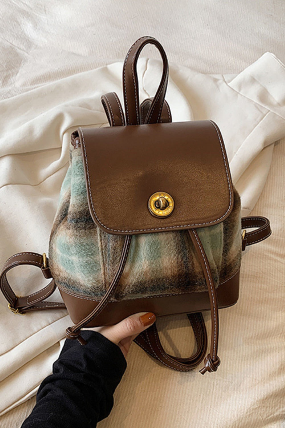 PU Leather Drawstring Plaid Backpack Bag