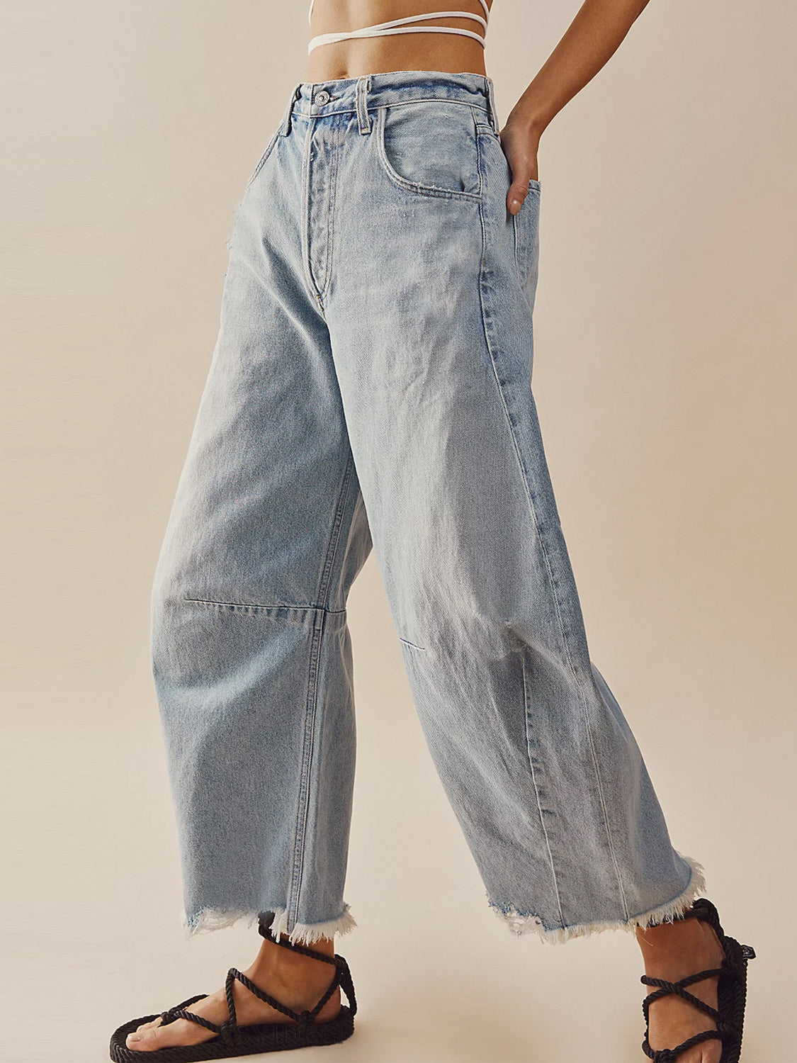 Raw Hem Wide Leg Jeans with Pockets