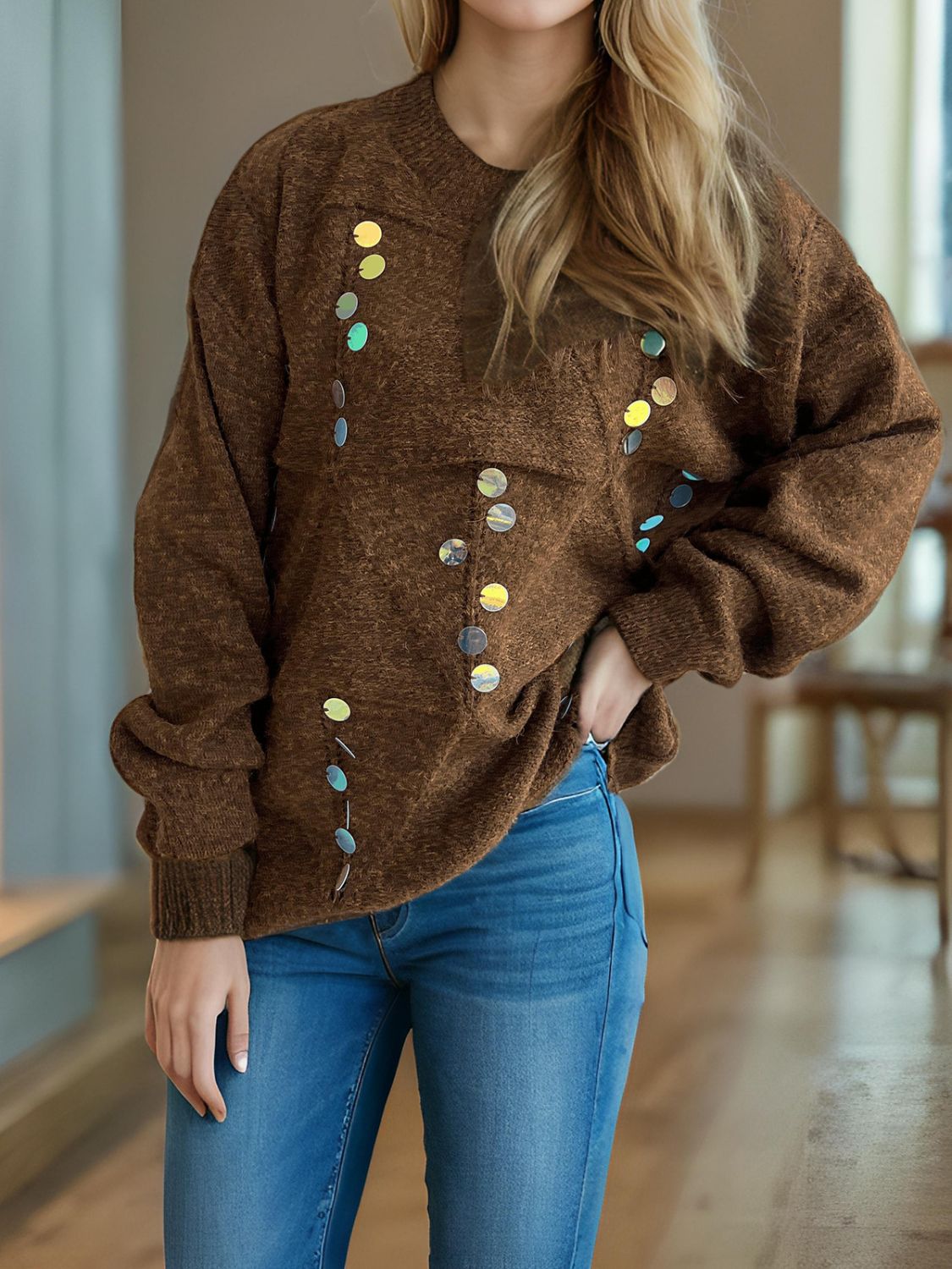 Sequin Mock Neck Long Sleeve Sweater