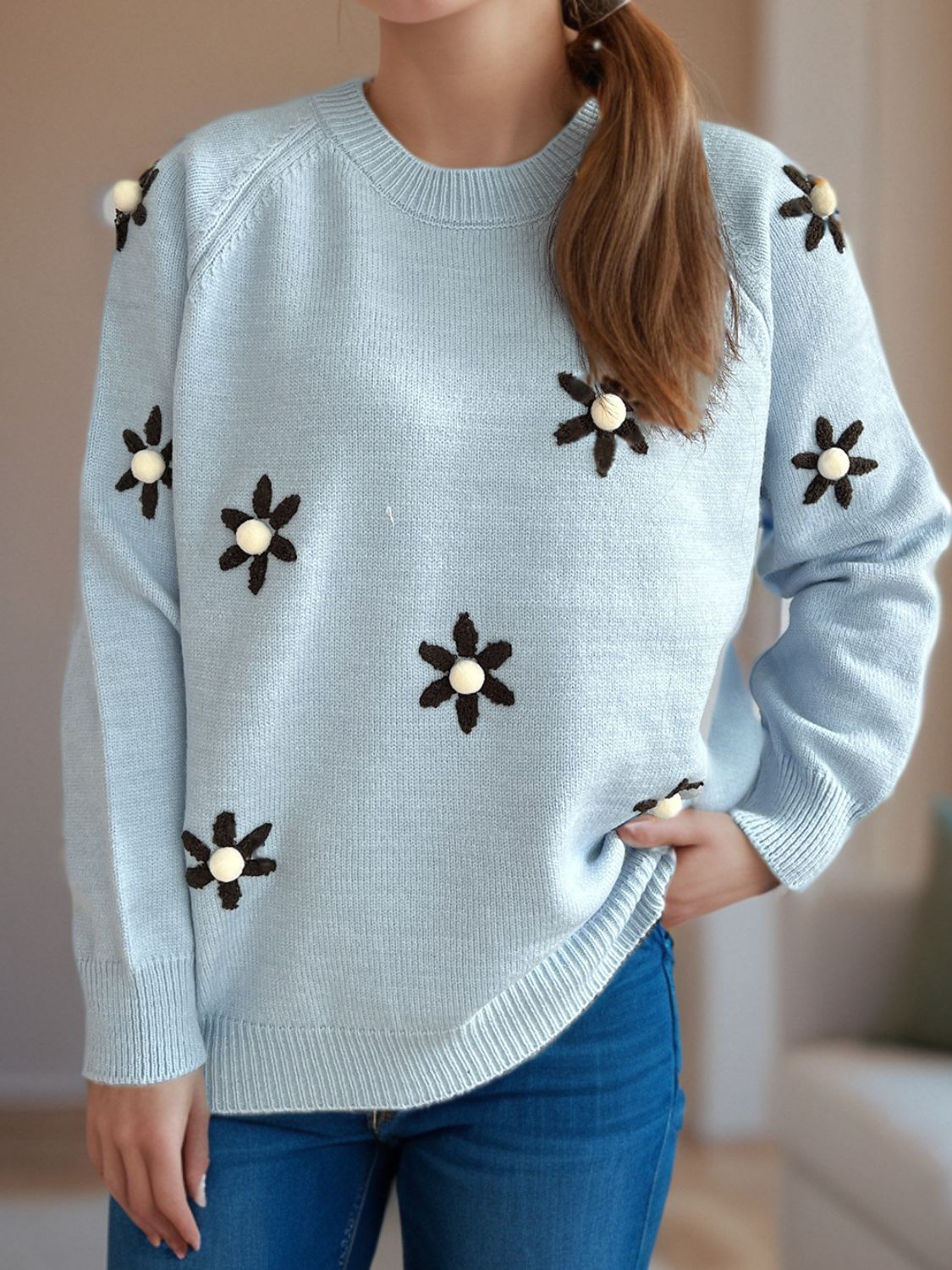 Flower Round Neck Raglan Sleeve Sweater