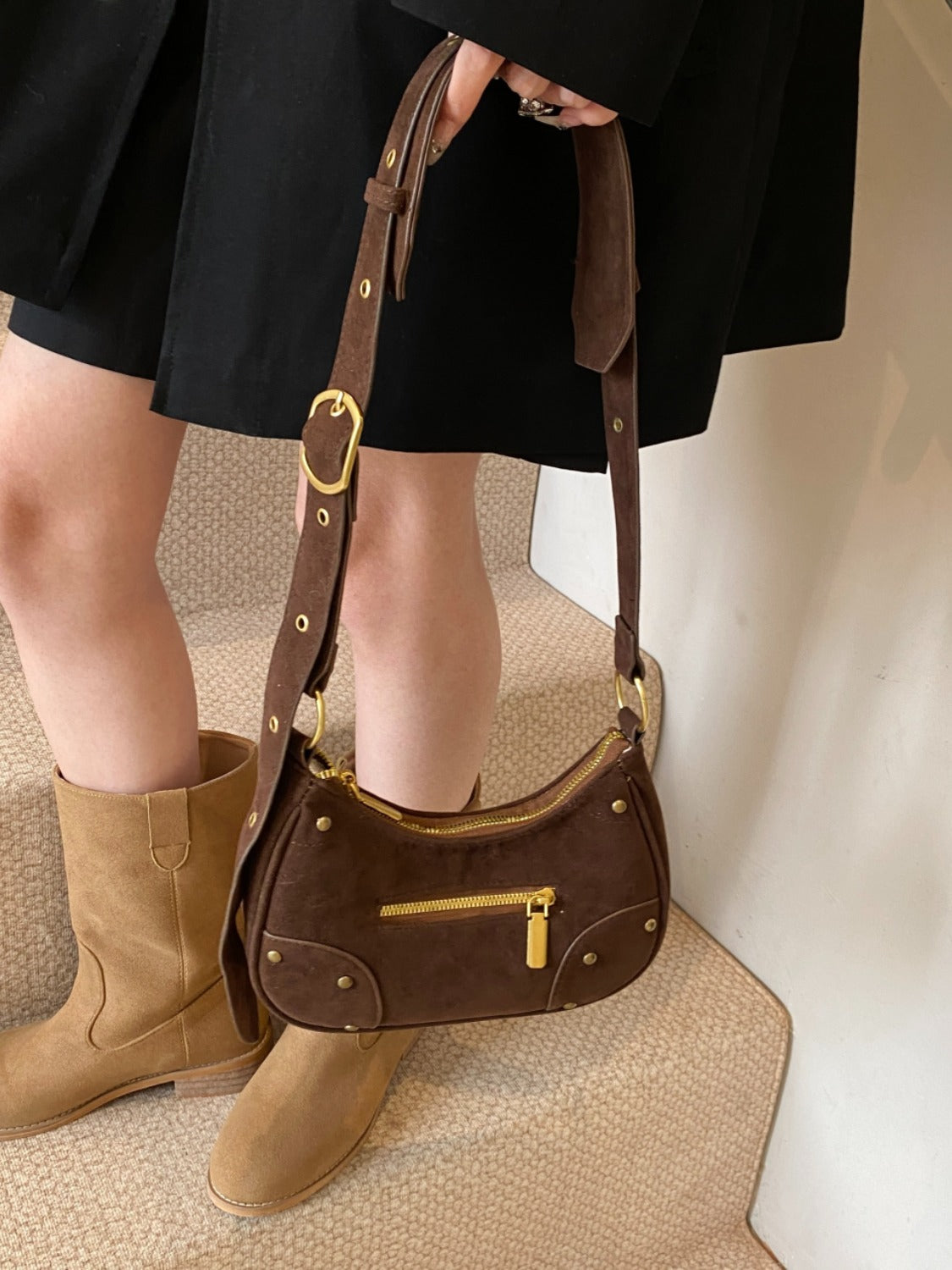 Suede Adjustable Strap Shoulder Bag