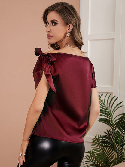 Tied Single Shoulder Short Sleeve Blouse