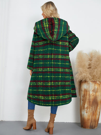 Plaid Long Sleeve Hooded Coat with Pockets