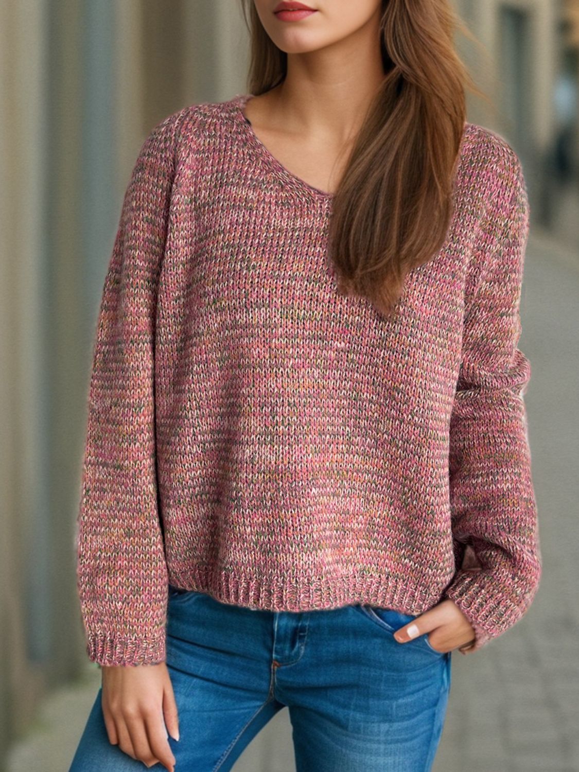 Heathered V-Neck Long Sleeve Sweater