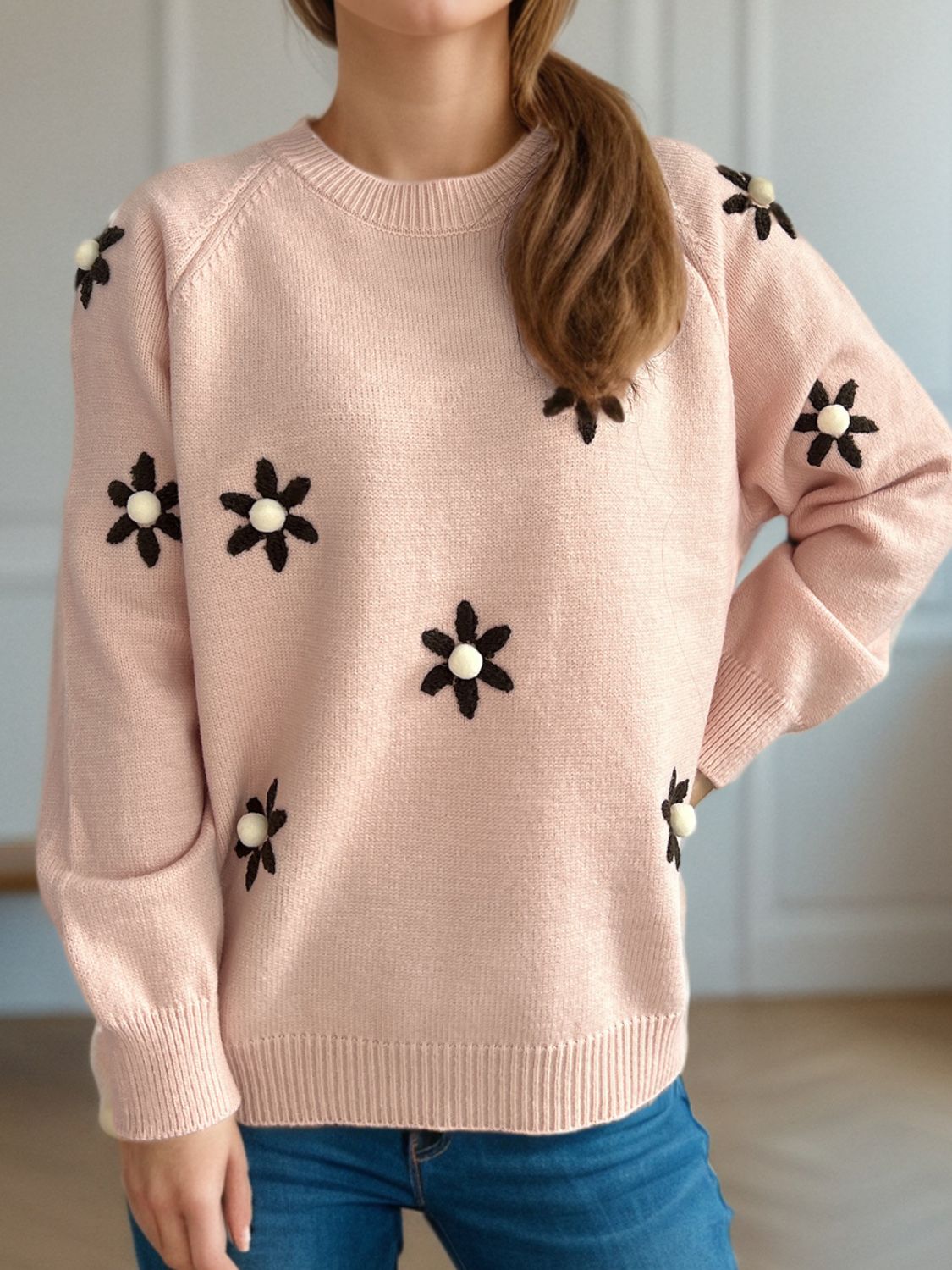 Flower Round Neck Raglan Sleeve Sweater