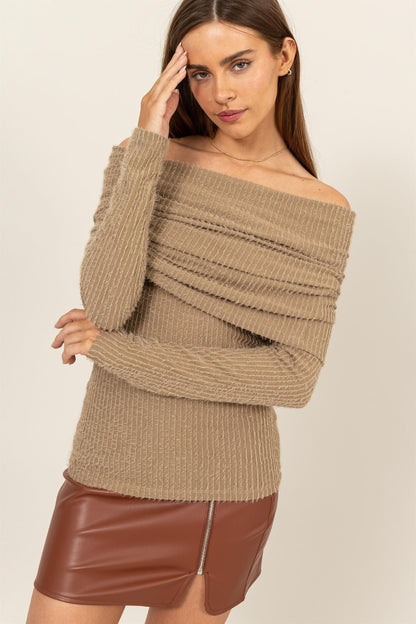 Fuzzy Off shoulder Textured Knit Top