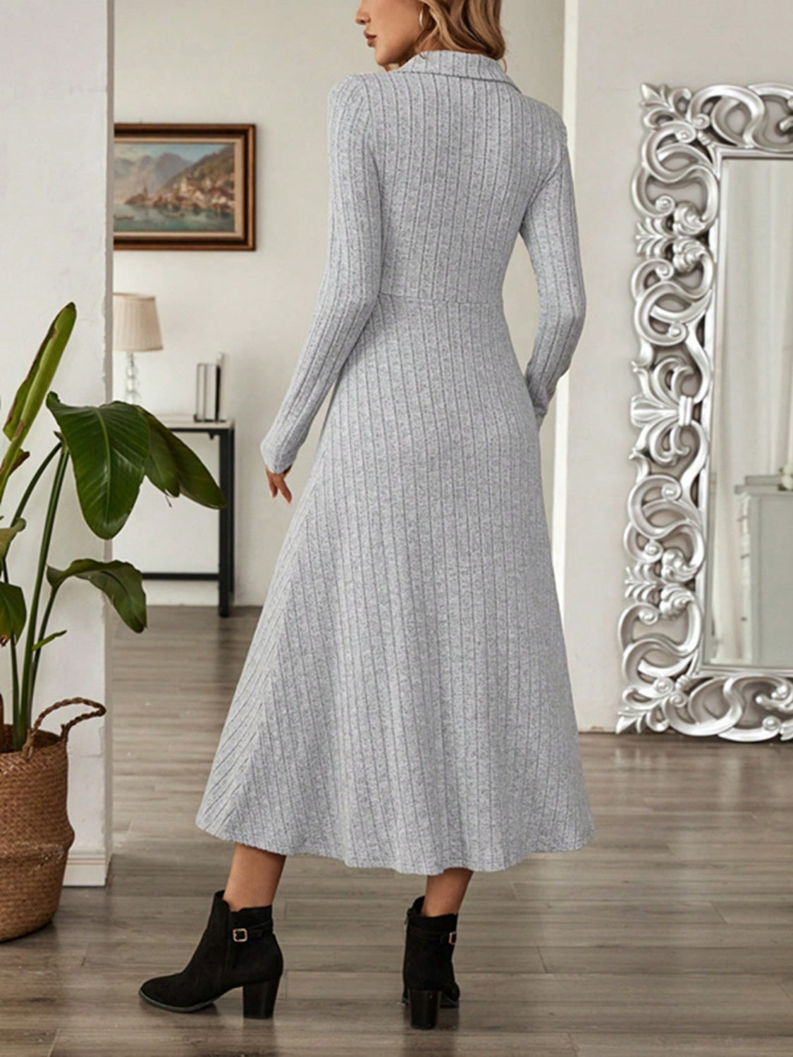 Ribbed Johnny Collar Long Sleeve Dress