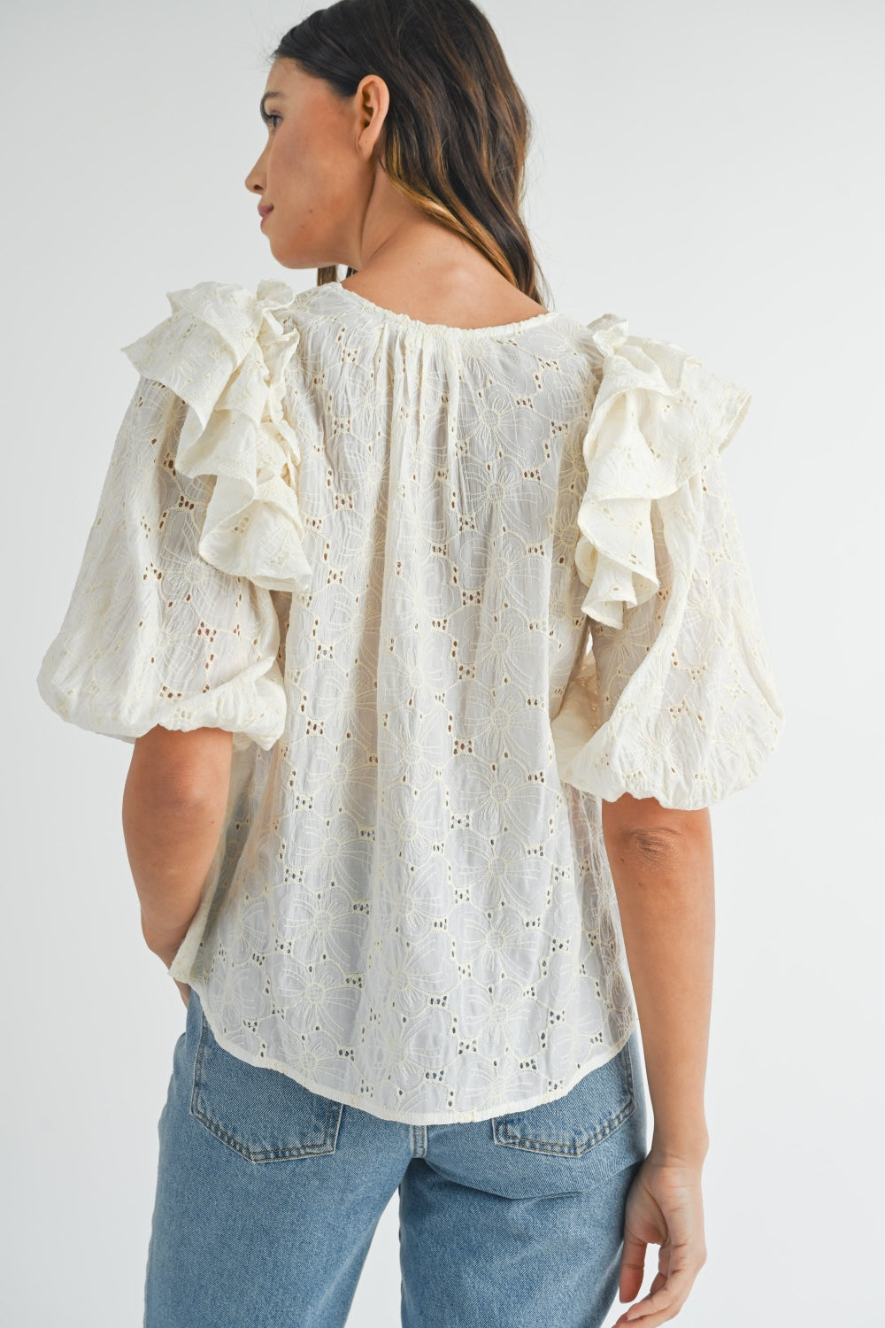 Lace Ruffle Shoulder Puff Sleeve Blouse