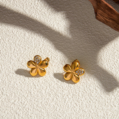 Inlaid Zircon Stainless Steel Flower Earrings