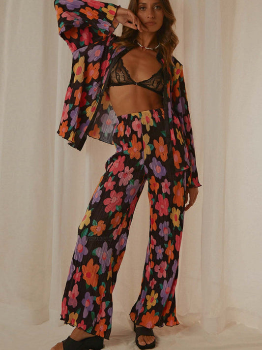 Printed Collared Neck Long Sleeve Top and Pants Lounge Set