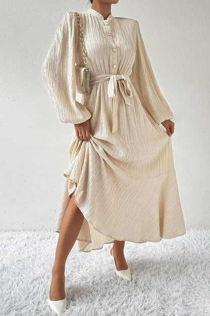 Tied Button Up Balloon Sleeve Dress