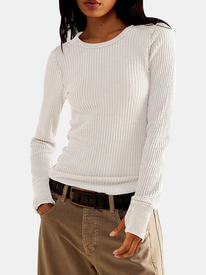 Exposed Seam Round Neck Long Sleeve T-Shirt