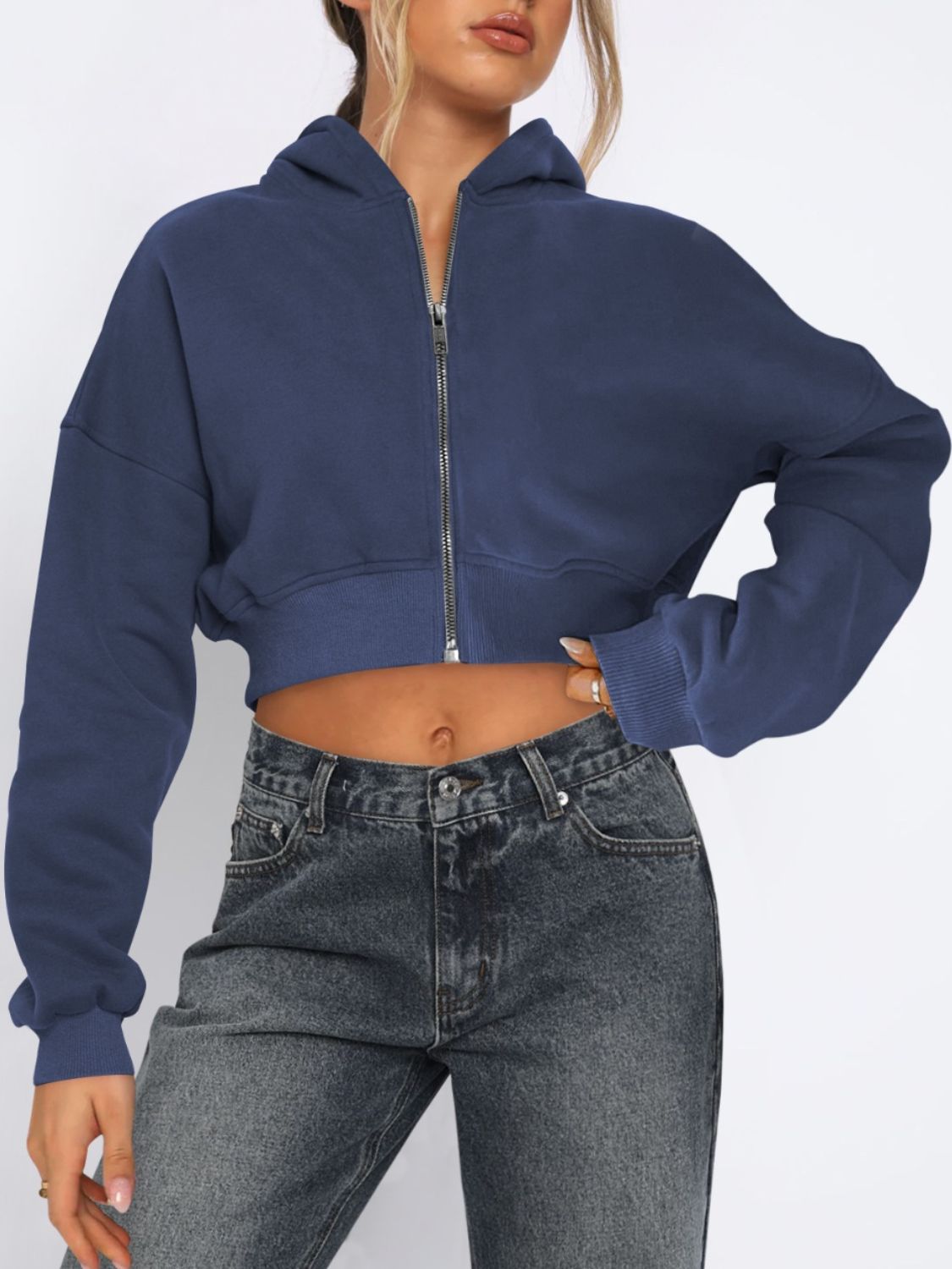 Zip Up Long Sleeve Hooded Cropped Jacket